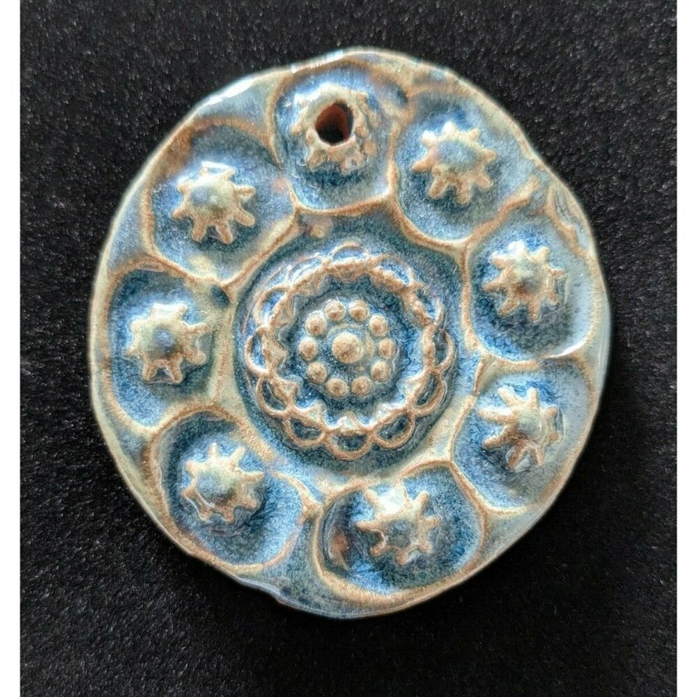 Vintage Handcrafted Artisan Clay Terracotta Pendant Painted Rustic Blue 2.5*2.5"